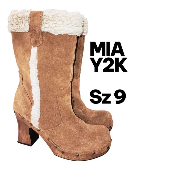 MIA Sz9 Y2K Tan Suede Faux Shearling Trim Retro Boho Hippie Wood Heel Clog Boots - Picture 1 of 11
